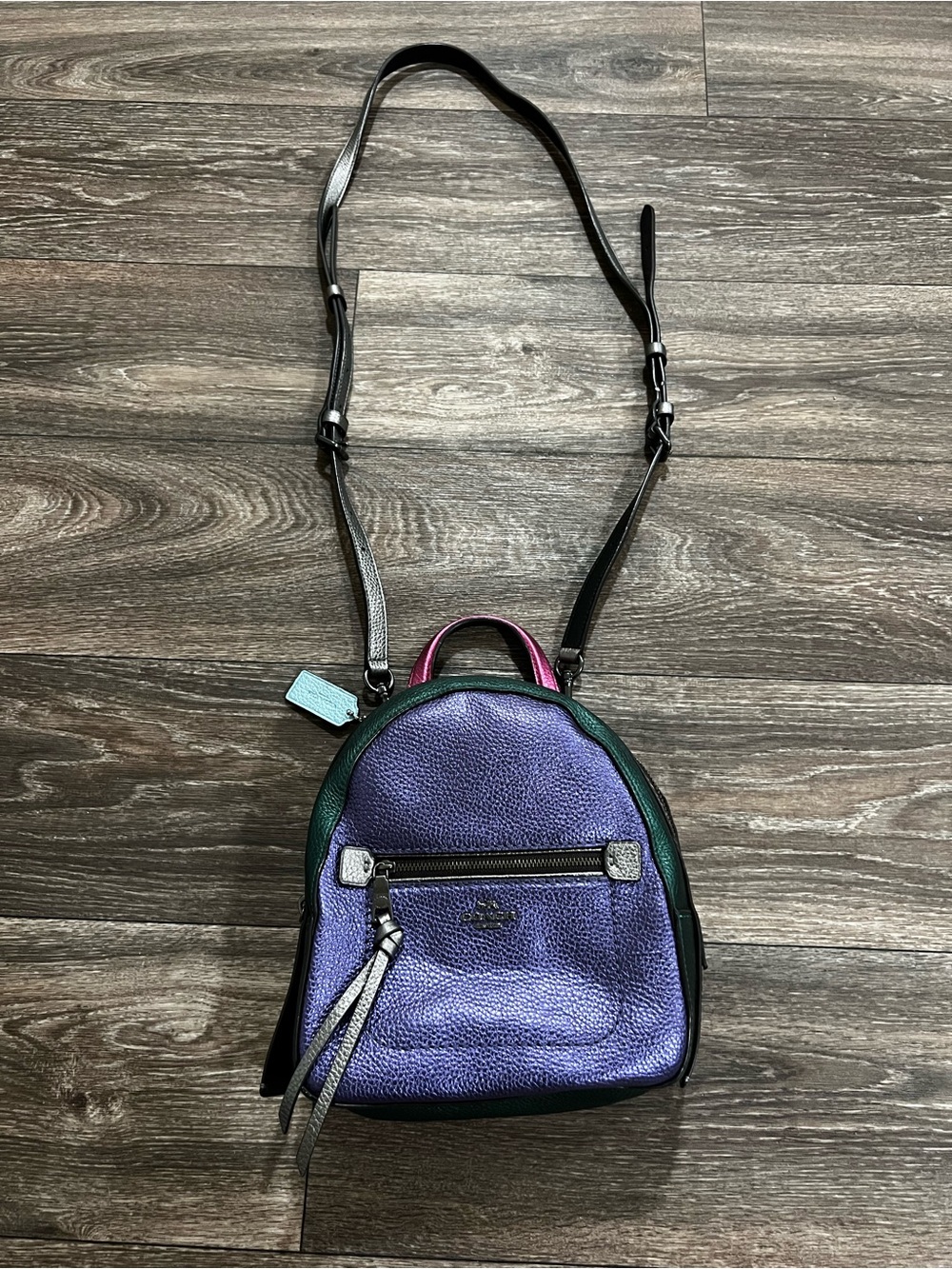 Coach Andi Metallic Leather Colorblock Small Purple Green Crossbody Backpack Y2K